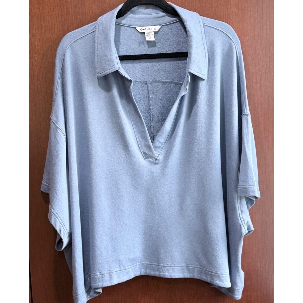 Athleta Westwood Sweatshirt Tee 1X Blue Modal Collared V Neck Oversized Top